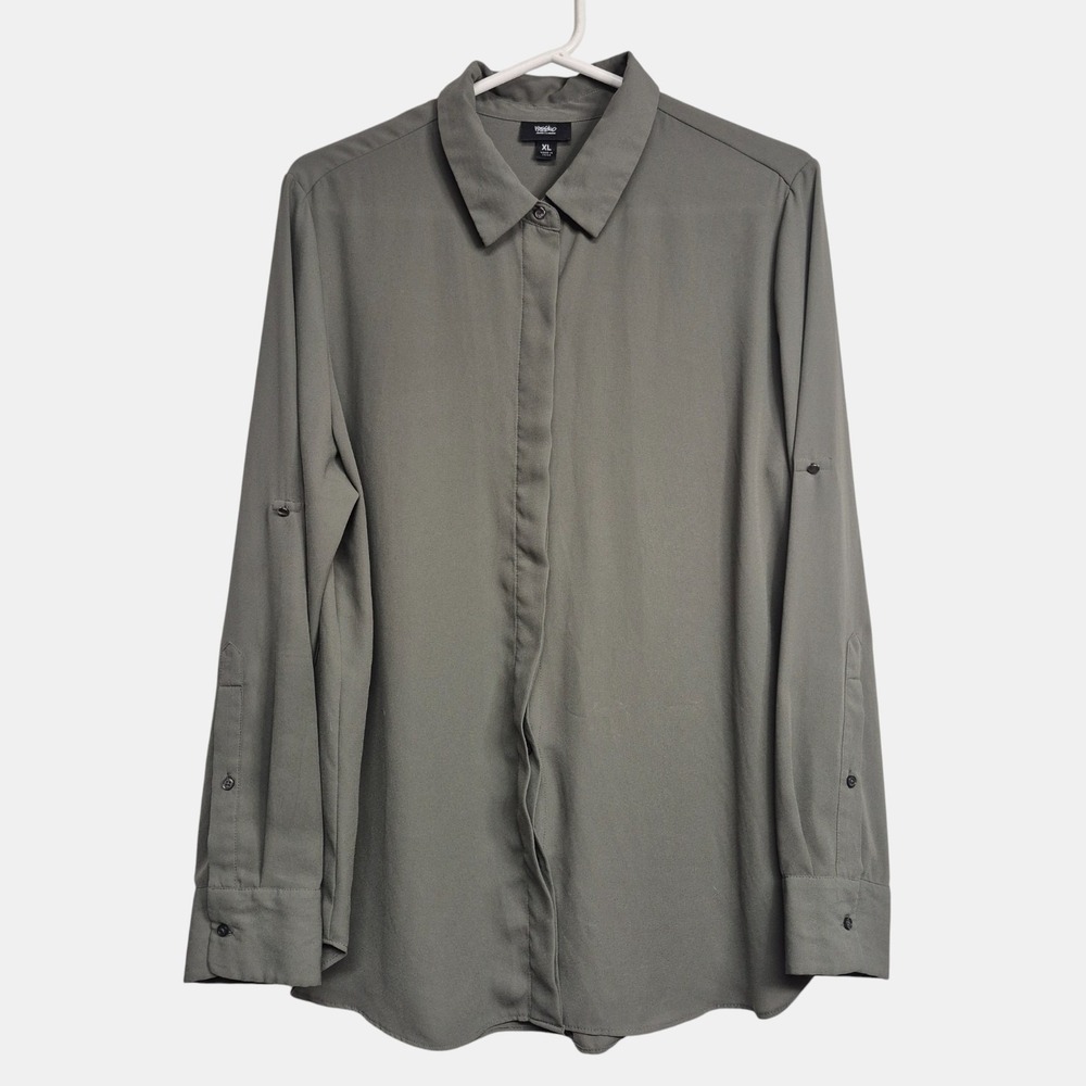 Mossimo Womens XL Olive Green Roll Tab Long Sleeve Hidden Button Down Blouse